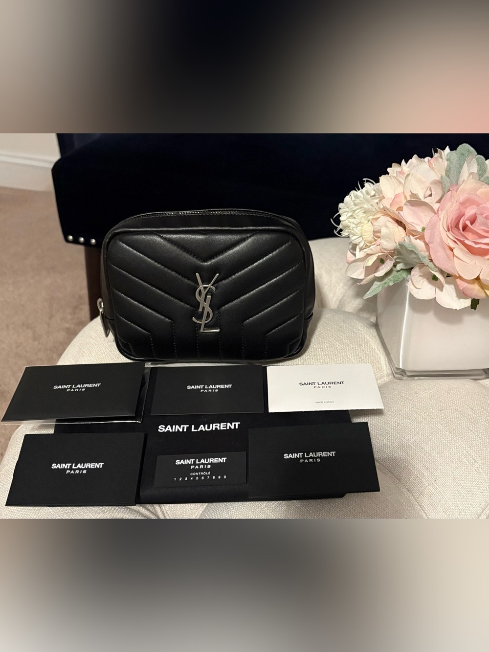 Saint Laurent RARE Black Chevron Quilted Leather Camera Clutch Bag w/ Silver YSL